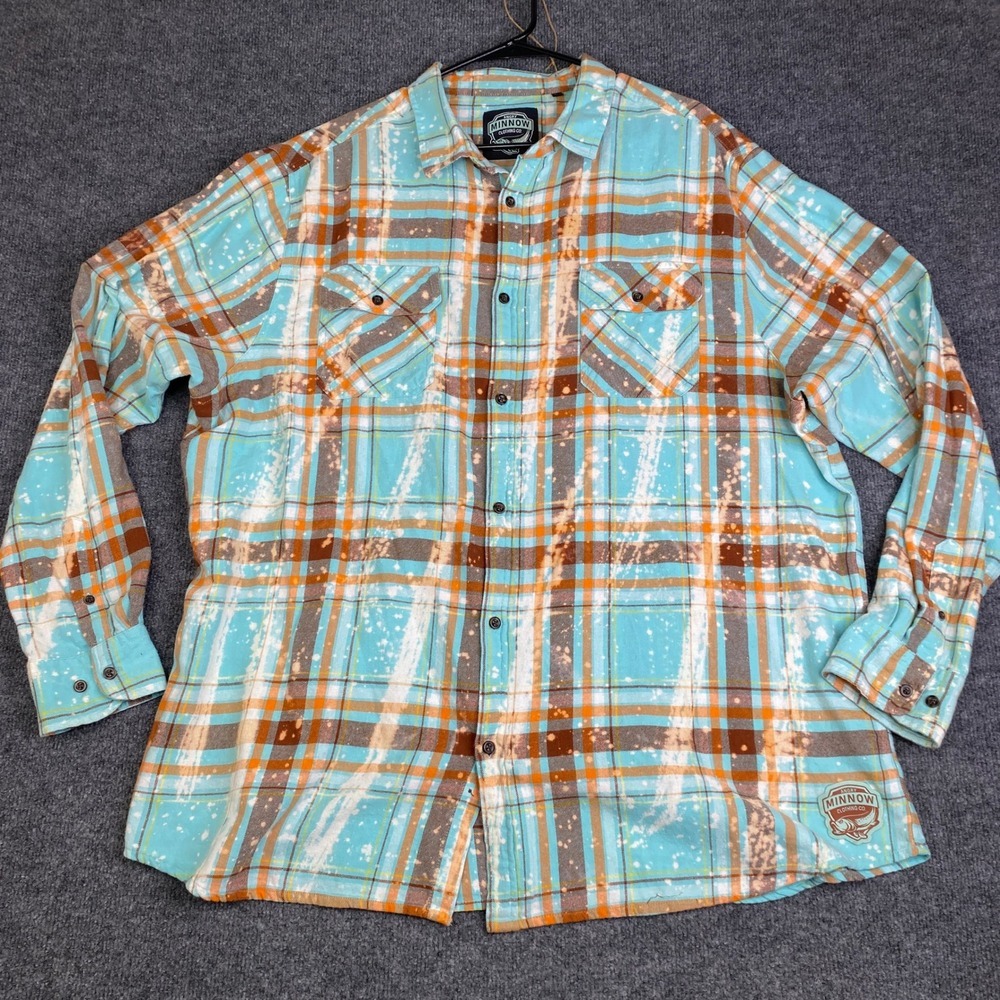 Angry Minnow Clothing Co Bleached Flannel Shirt XXL Wild Child Plaid Turquoise